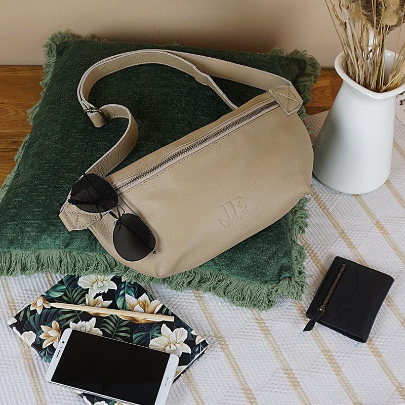 Leconi große Bauchtasche Umhängetasche Crossbody Ledertasche Leder sand LE3088 Kostenloser Versand