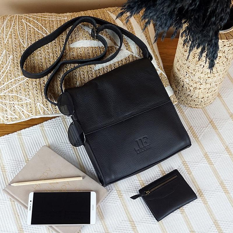 Leconi mittlere Schultertasche Umhängetasche Damentasche Leder schwarz LE3089 Limitierter Zeitrabatt