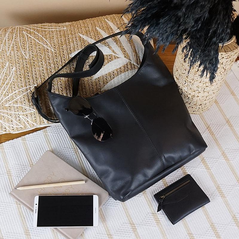 Leconi mittlere Umhängetasche Schultertasche Damentasche Leder schwarz LE0073 Muttertagsangebot