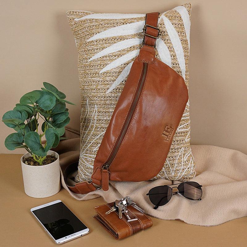 Leconi große Bauchtasche Umhängetasche Crossbody Ledertasche Leder cognac LE3087 Jubiläumsangebot