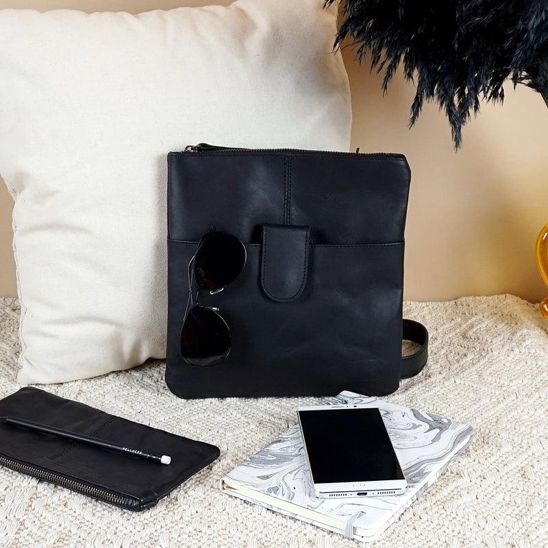 Leconi kleine Umhängetasche Damentasche Herrentasche Ledertasche schwarz LE3060 Neueste Mode