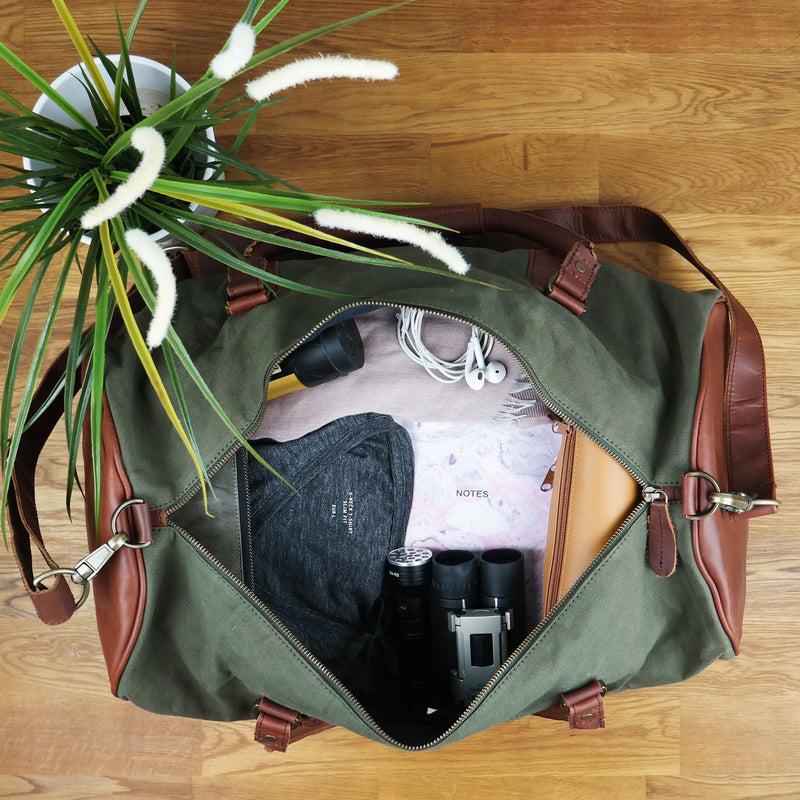 Leconi Weekender Reisetasche Sporttasche vintage Leder Canvas grün LE2004 Große Rabatte