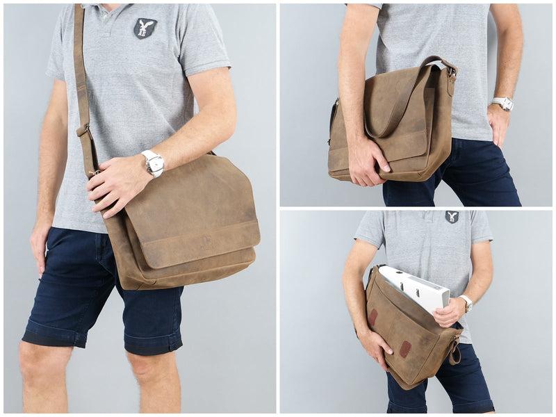 Leconi große Umhängetasche Schultertasche Messenger Bag Aktentasche Businesstasche Leder vintage braun LE3064 Bestseller