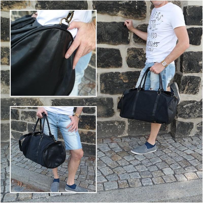 Leconi Weekender Reisetasche Sporttasche vintage Leder Canvas schwarz LE2004 Letzter Tag