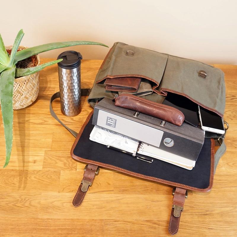 Leconi Messenger Bag Kuriertasche DIN A4 Leder Canvas grün LE3032 Zeitbegrenzte Promotion