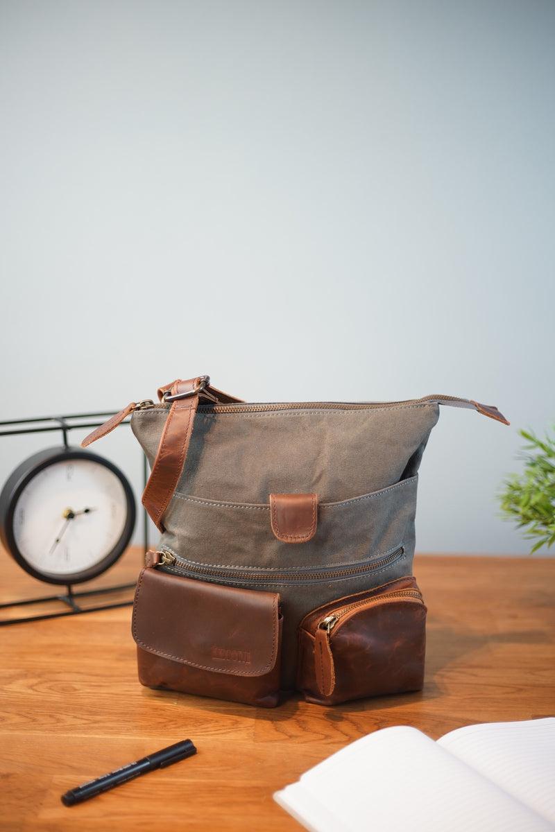 Leconi Umhängetasche Schultertasche Damen Herren Used Look Leder Canvas grau LE3011 Im Verkauf