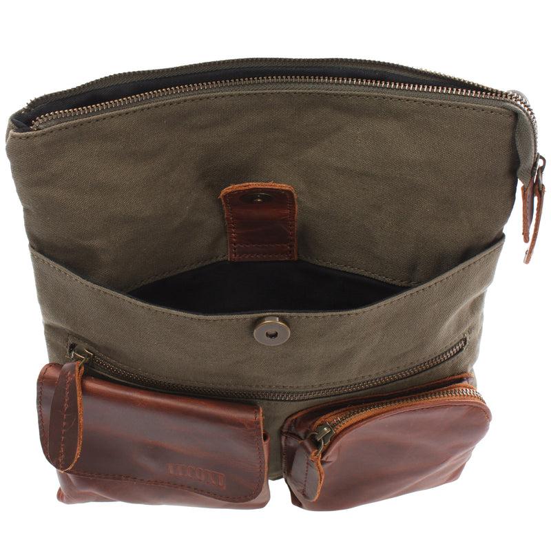 Leconi Umhängetasche Schultertasche Damen Herren Used Look Leder Canvas grün LE3011 zollfrei