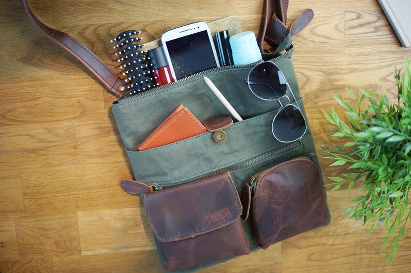 Leconi Umhängetasche Schultertasche Damen Herren Used Look Leder Canvas grün LE3011 zollfrei