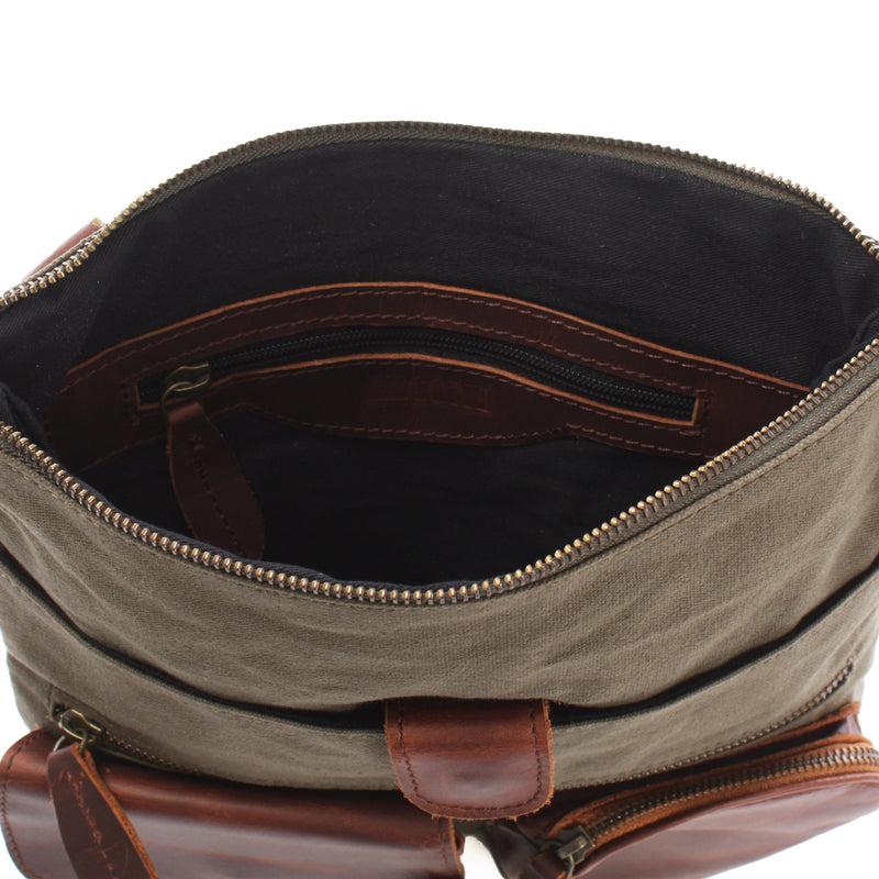Leconi Umhängetasche Schultertasche Damen Herren Used Look Leder Canvas grün LE3011 zollfrei