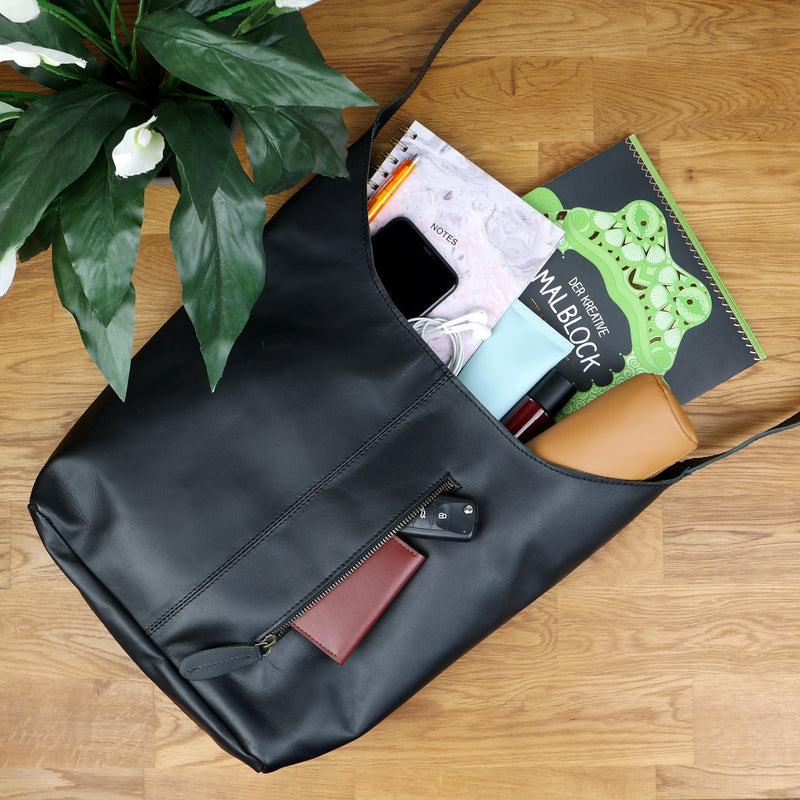 Leconi große Umhängetasche Schultertasche Beuteltasche Damentasche Leder schwarz LE0055 Auslauf