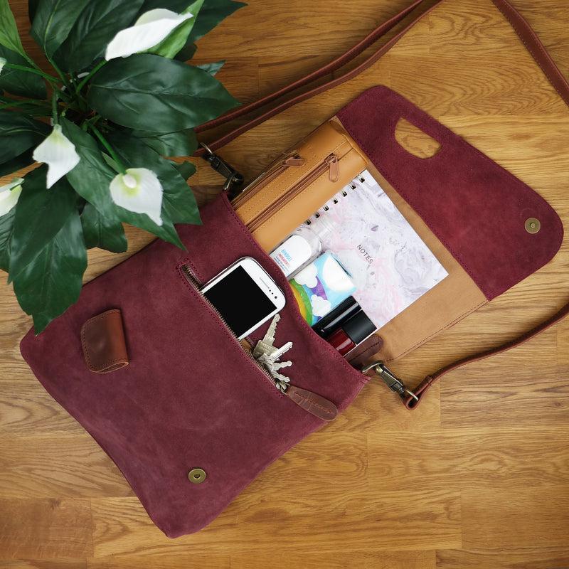 Leconi Umhängetasche Ledertasche Damen Schultertasche Wildleder bordeaux LE3027 Schlussverkauf