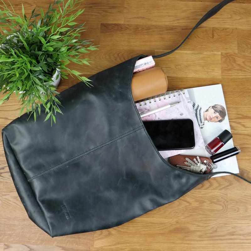 Leconi große Umhängetasche Schultertasche Beuteltasche Damentasche Leder grau LE0055 Meist gekauft