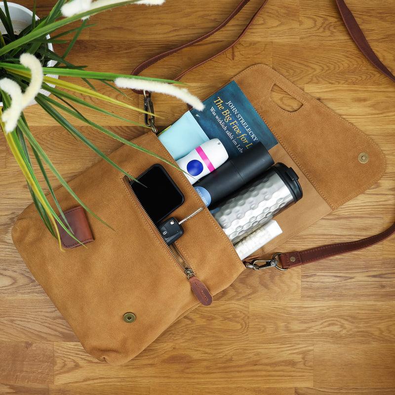 Leconi Umhängetasche Ledertasche Damen Schultertasche Wildleder cognac LE3027 Blitzverkäufe