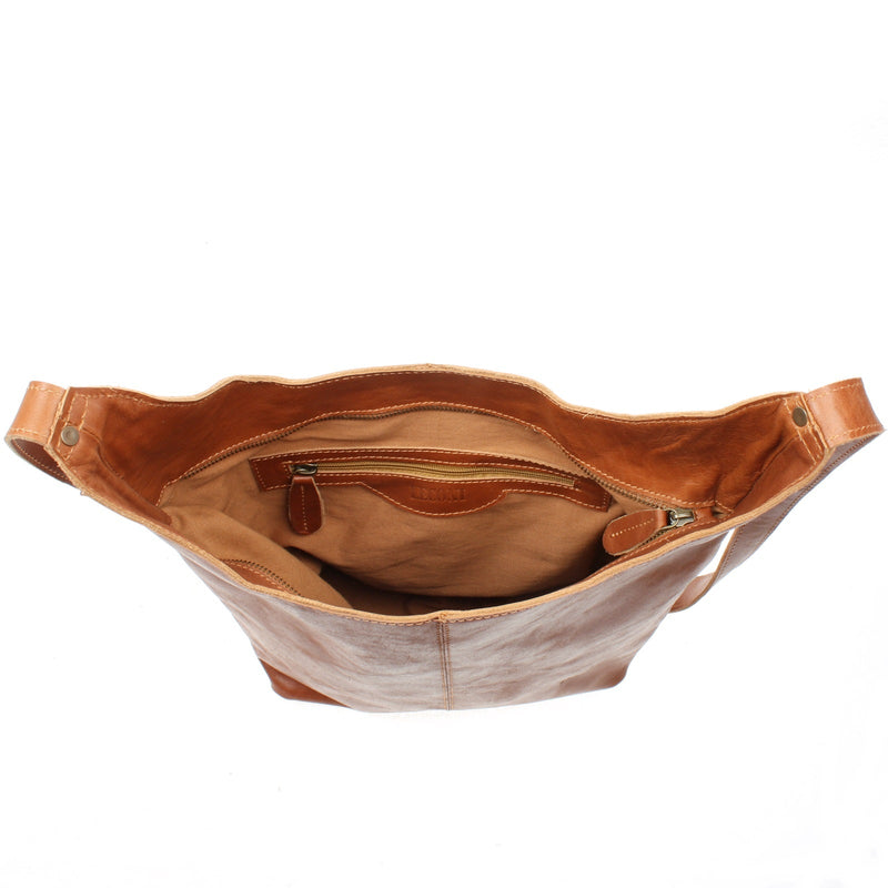 Leconi große Umhängetasche Schultertasche Beuteltasche Damentasche Leder cognac LE0055 Kostenloser Versand