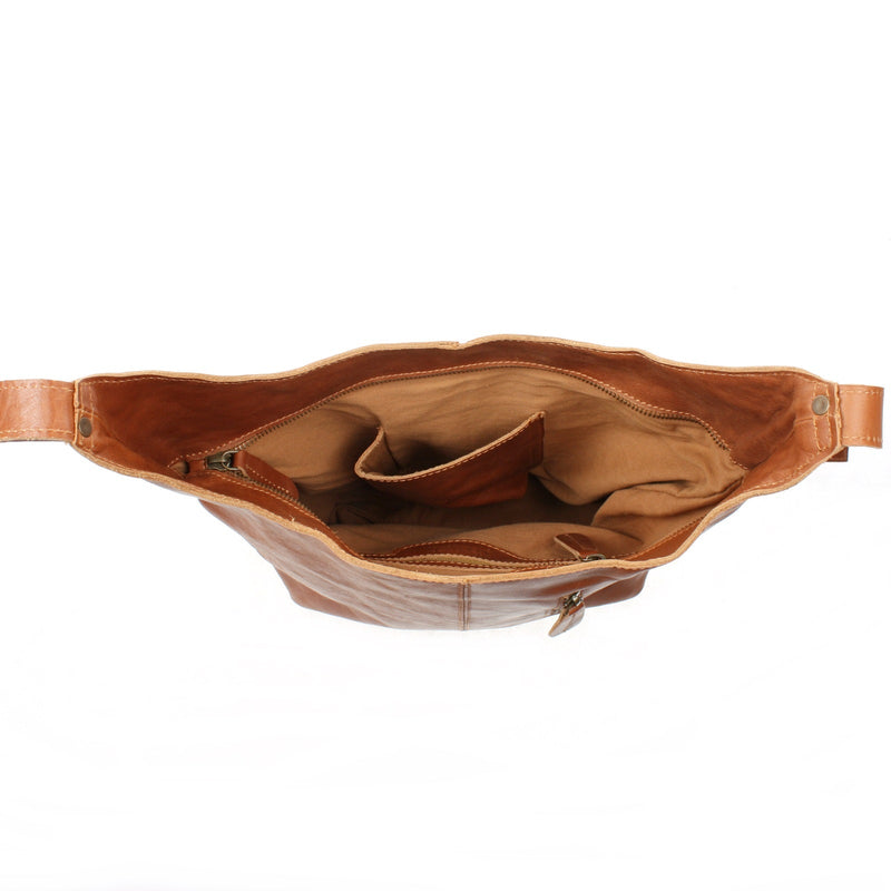 Leconi große Umhängetasche Schultertasche Beuteltasche Damentasche Leder cognac LE0055 Kostenloser Versand