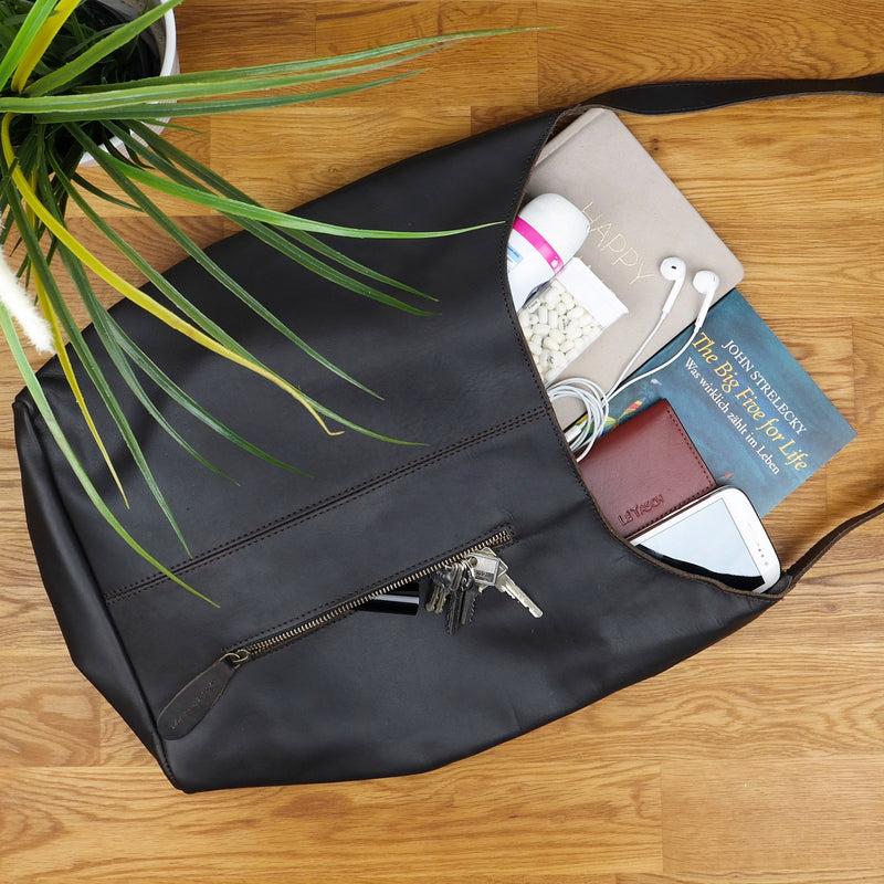 Leconi große Umhängetasche Schultertasche Beuteltasche Damentasche Leder dunkelbraun LE0055 Sonderangebot