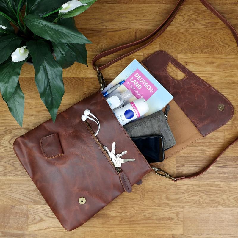 Leconi Umhängetasche Ledertasche Schultertasche Leder braun LE3027 Black Friday