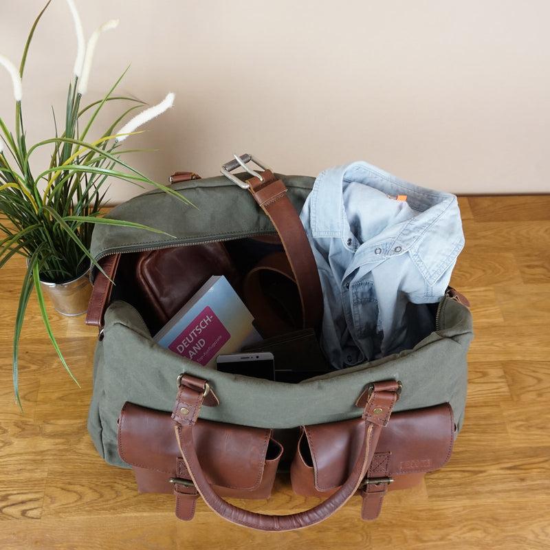 Leconi Weekender Handgepäck Reisetasche Canvas Leder grün LE2012 Exklusive Angebote