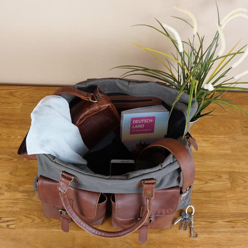 Leconi Reisetasche Weekender Handgepäck Canvas Leder grau LE2012 Blitzangebot