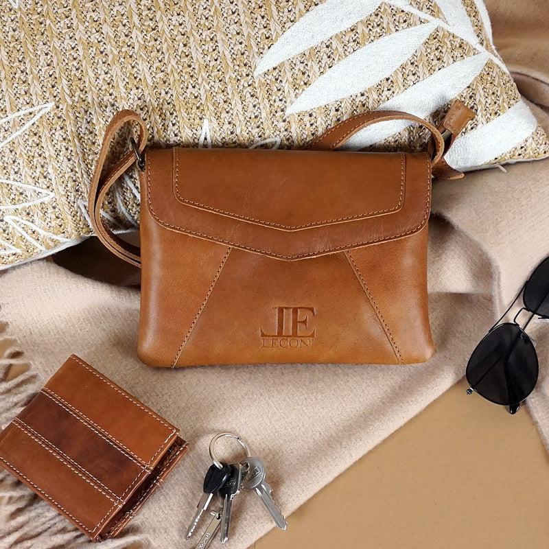Leconi kleine Umhängetasche Ledertasche Damentasche Schultertasche Leder cognac LE3078 Letzte 3 Tage