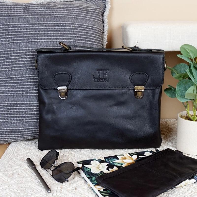 Leconi kleine Umhängetasche Schultertasche Damen und Herren Leder schwarz LE3079 50% Rabatt mit kostenlosem Versand