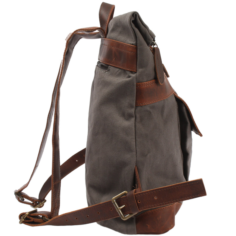 Leconi Roll Top Rucksack Freizeitrucksack Damen Herren Canvas Leder grau LE1035 Black Friday Preise