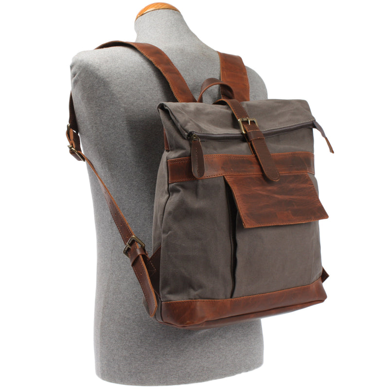 Leconi Roll Top Rucksack Freizeitrucksack Damen Herren Canvas Leder grau LE1035 Black Friday Preise