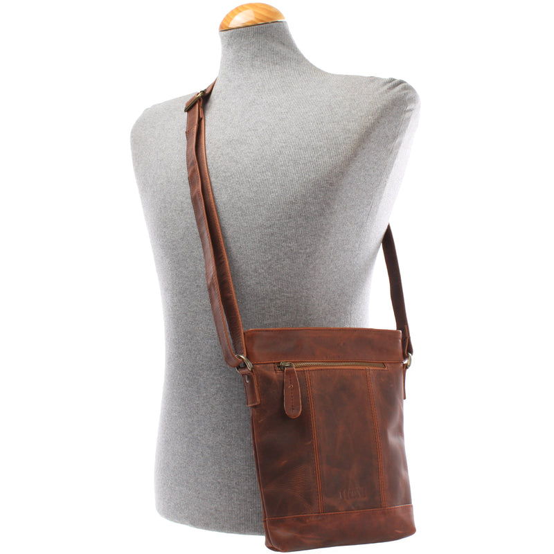 Leconi kleine Umhängetasche Schultertasche Freizeittasche Leder braun LE3086 Online