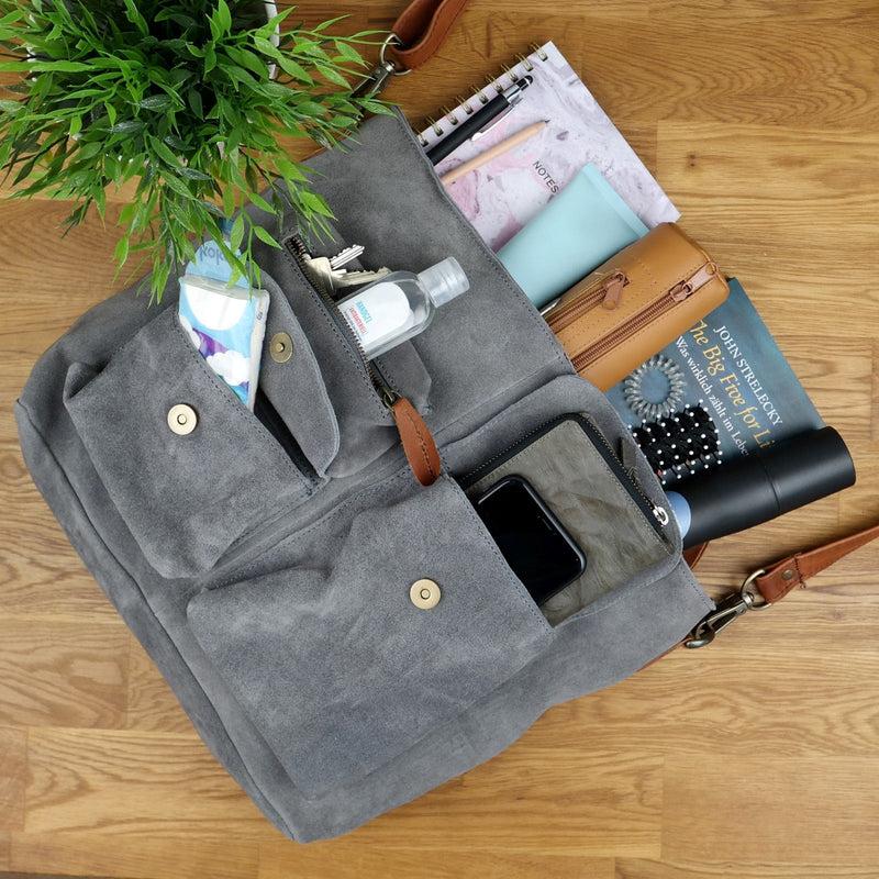 Leconi B-Ware Schultertasche Umhängetasche Ledertasche Veloursleder grau LE0039 Fabrikverkauf