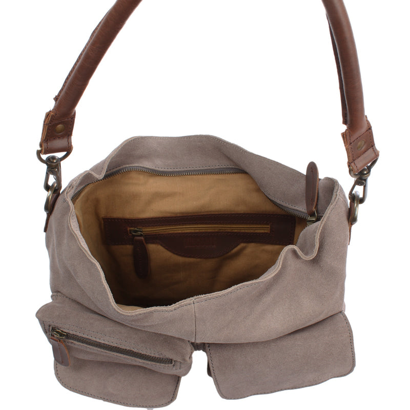 Leconi B-Ware Schultertasche Umhängetasche Ledertasche Veloursleder grau LE0039 Fabrikverkauf