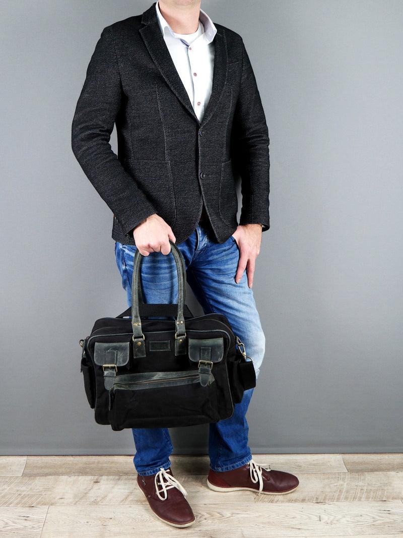 Leconi Aktentasche Arbeitstasche Damen Herren Canvas Leder schwarz LE3038 Begrenztes Angebot