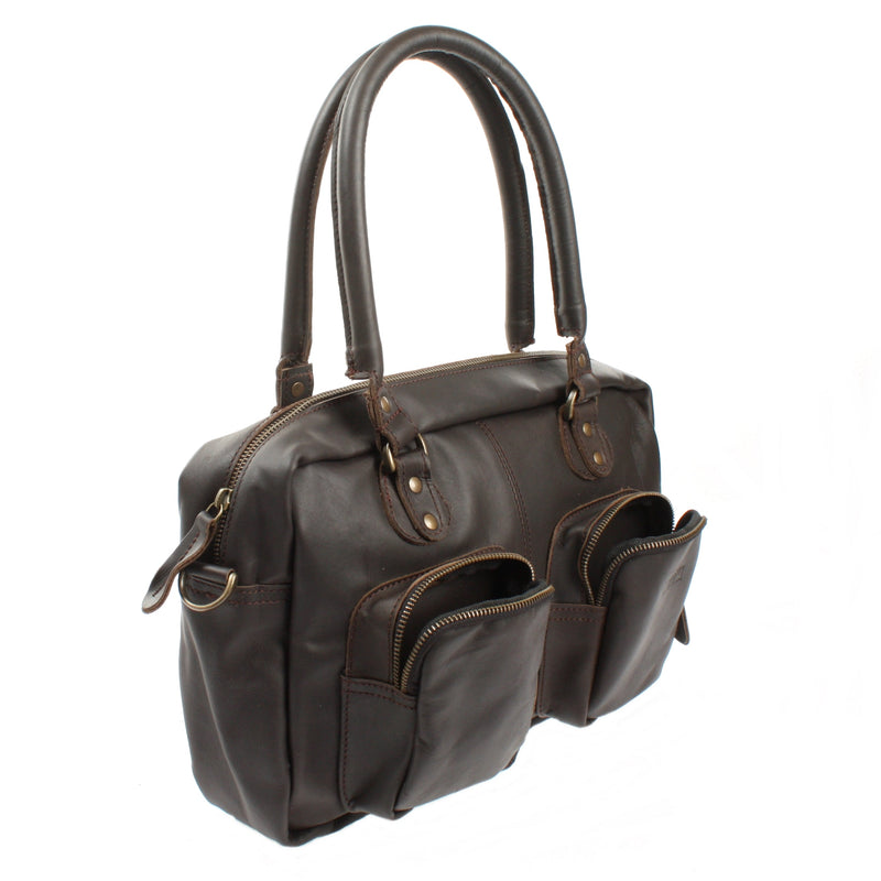 Leconi Schultertasche Handtasche Henkeltasche Damen Leder dunkelbraun LE0046 Jubiläumsangebot