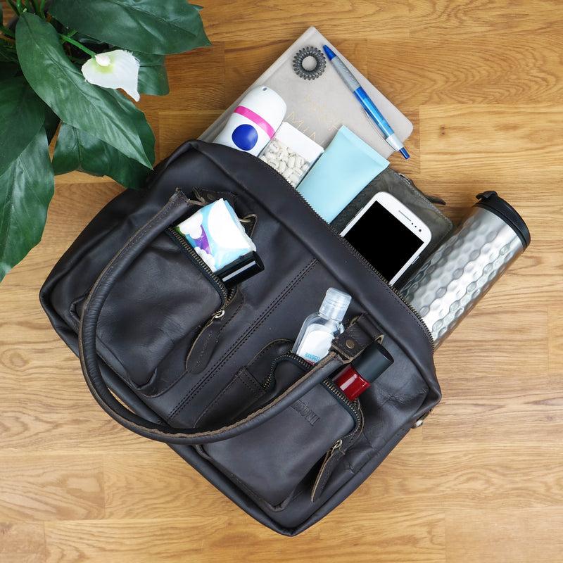 Leconi Schultertasche Handtasche Henkeltasche Damen Leder dunkelbraun LE0046 Jubiläumsangebot