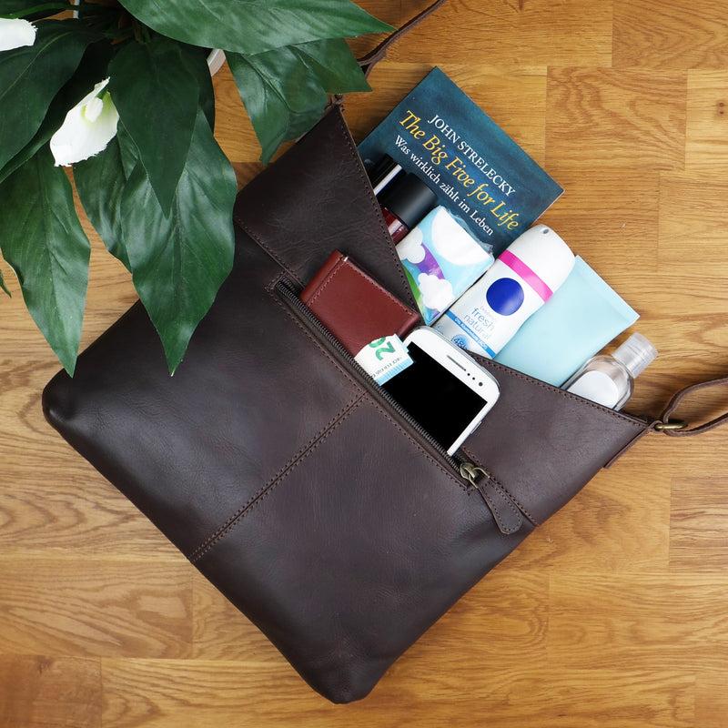 Leconi Schultertasche Damentasche Handtasche Leder dunkelbraun LE0065 Online Outlet