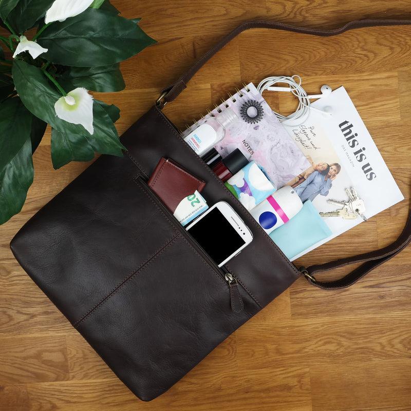 Leconi Umhängetasche Ledertasche Damen Schultertasche Leder dunkelbraun LE0066 Blitzangebot