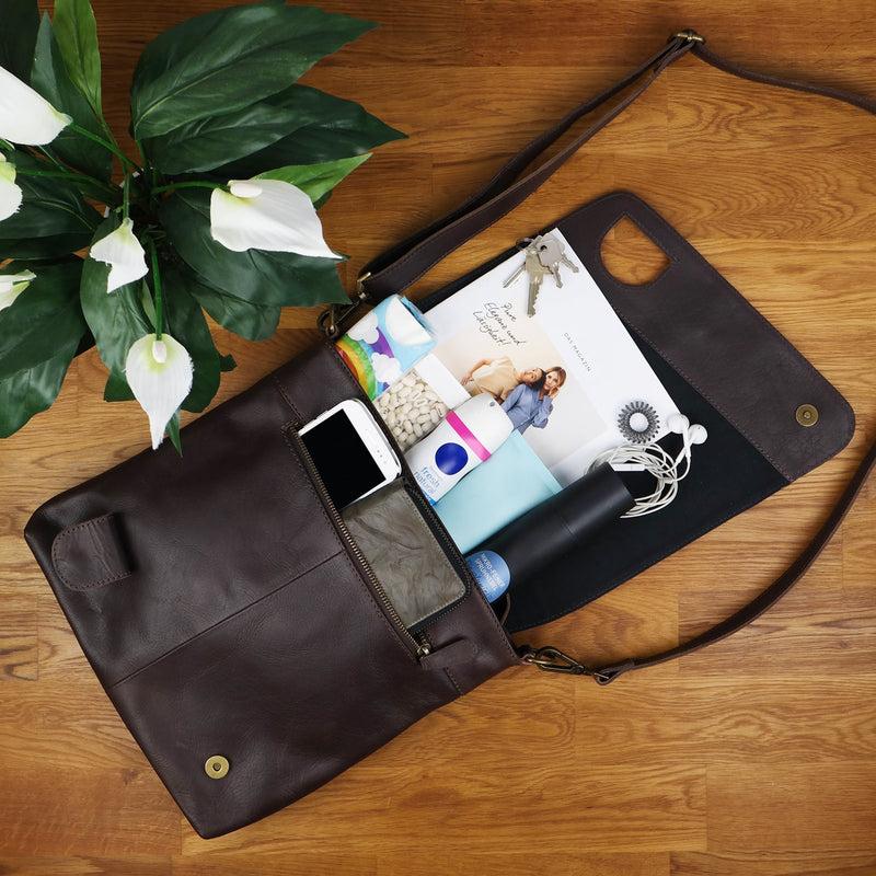 Leconi Umhängetasche Ledertasche Damen Schultertasche Leder dunkelbraun LE3073 Bestseller