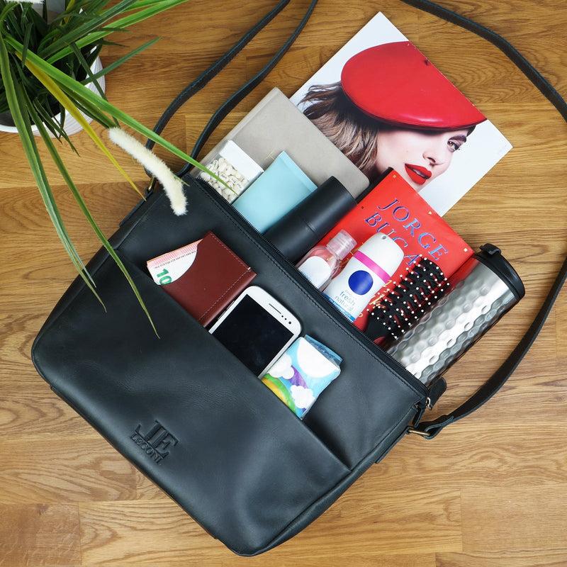 Leconi Umhängetasche Ledertasche Damen Herren Schultertasche Leder dunkelgrau LE0067 Kauf eins, bekomm eins gratis