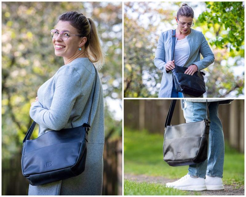 Leconi Umhängetasche Ledertasche Damen Herren Schultertasche Leder dunkelgrau LE0067 Kauf eins, bekomm eins gratis
