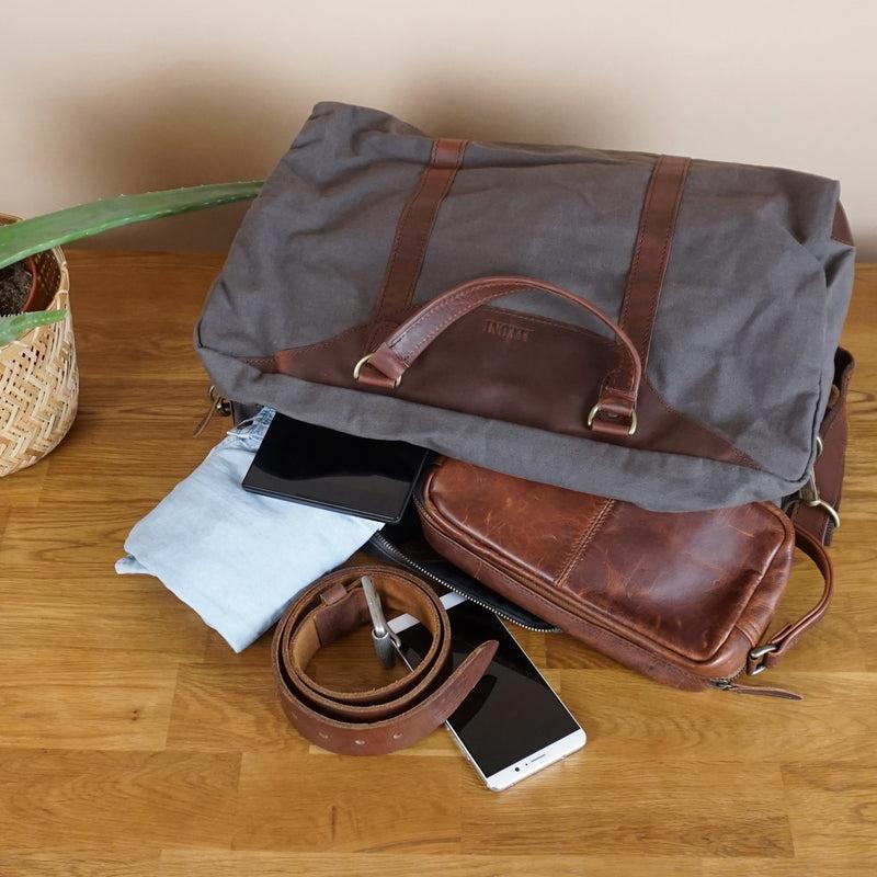 Leconi kleine Reisetasche Handgepäck Canvas Leder grau LE2009 VIP-Rabatte