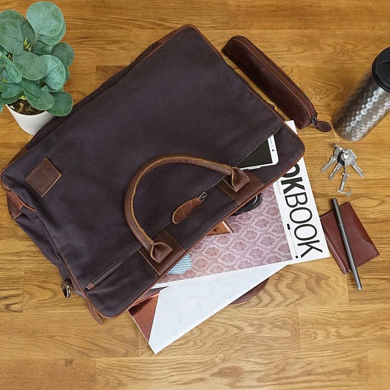 Leconi Aktentasche Arbeitstasche Bürotasche Canvas Leder mokka LE3066 Letzte 3 Tage