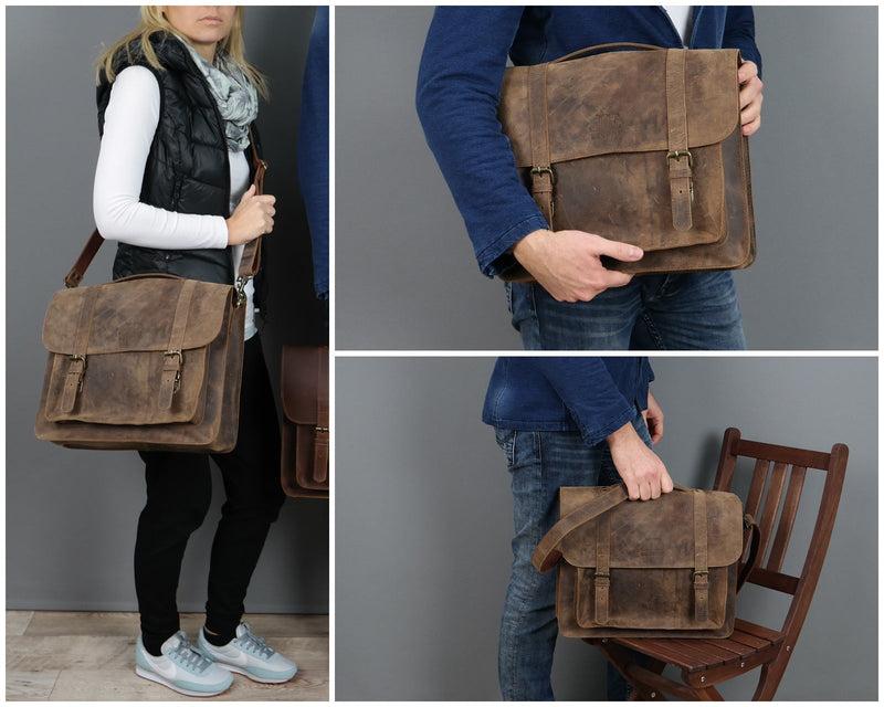 Leconi Messenger Bag Aktentasche Damen Herren Leder vintage braun LE3055 Neueste Stile