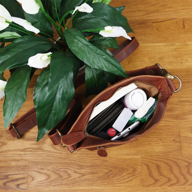 Leconi kleine Umhängetasche Schultertasche Freizeittasche Leder braun LE3049 Speichern exportieren