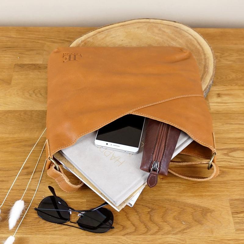 Leconi Umhängetasche Damentasche Schultertasche Leder cognac LE0065 zollfrei