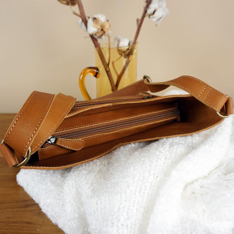Leconi Umhängetasche Damentasche Schultertasche Leder cognac LE0065 zollfrei