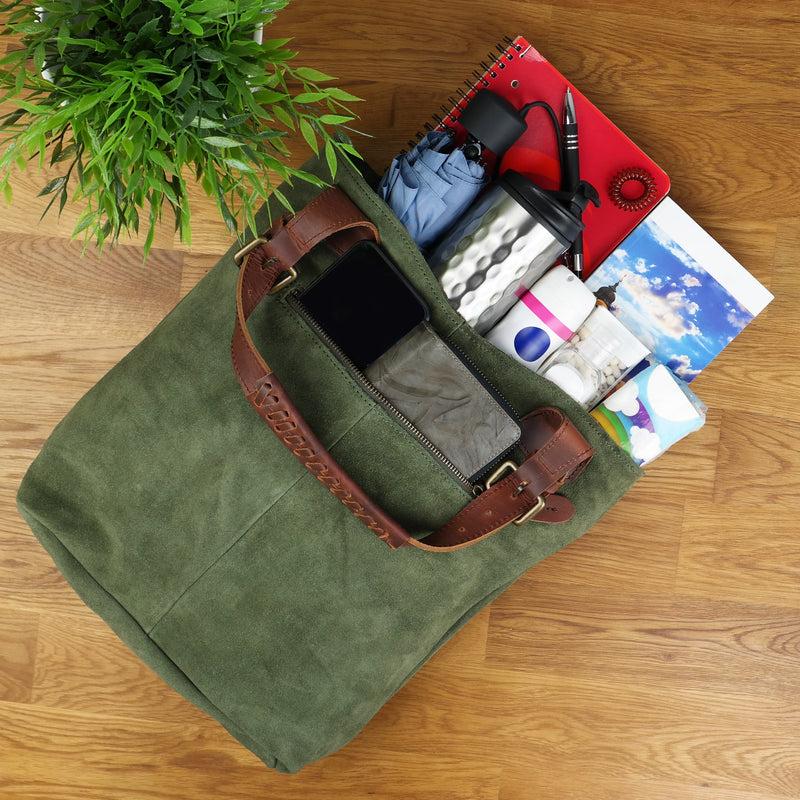 Leconi Henkeltasche Damentasche Veloursleder Leder grün LE0033 50% Rabatt für begrenzte Zeit