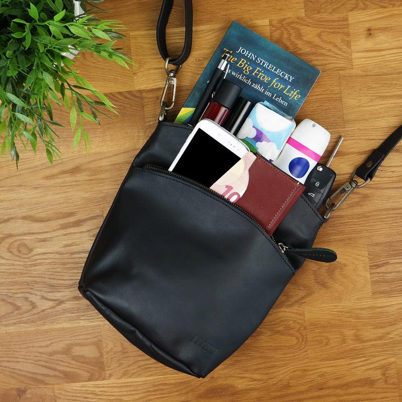 Leconi kleine Umhängetasche Schultertasche Freizeittasche Leder schwarz LE3049 Auslauf