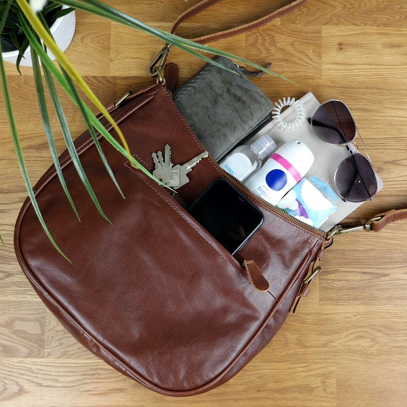 Leconi Schultertasche Henkeltasche Damentasche Leder braun LE0063 Verkauf