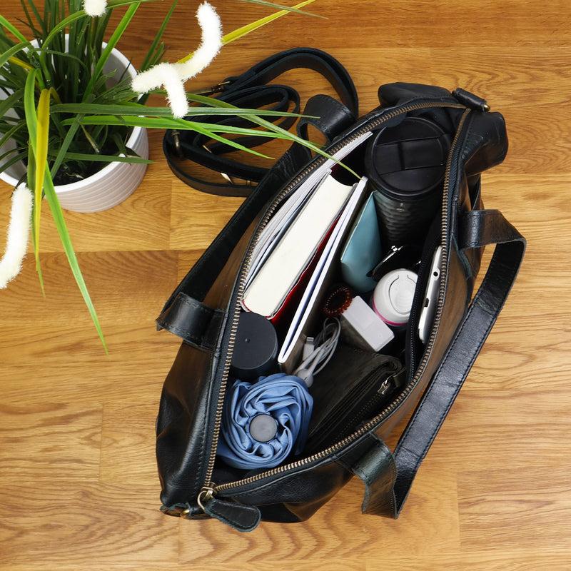 Leconi Shopper Schultertasche Henkeltasche Damen Handtasche Leder schwarz LE0061 im Angebot