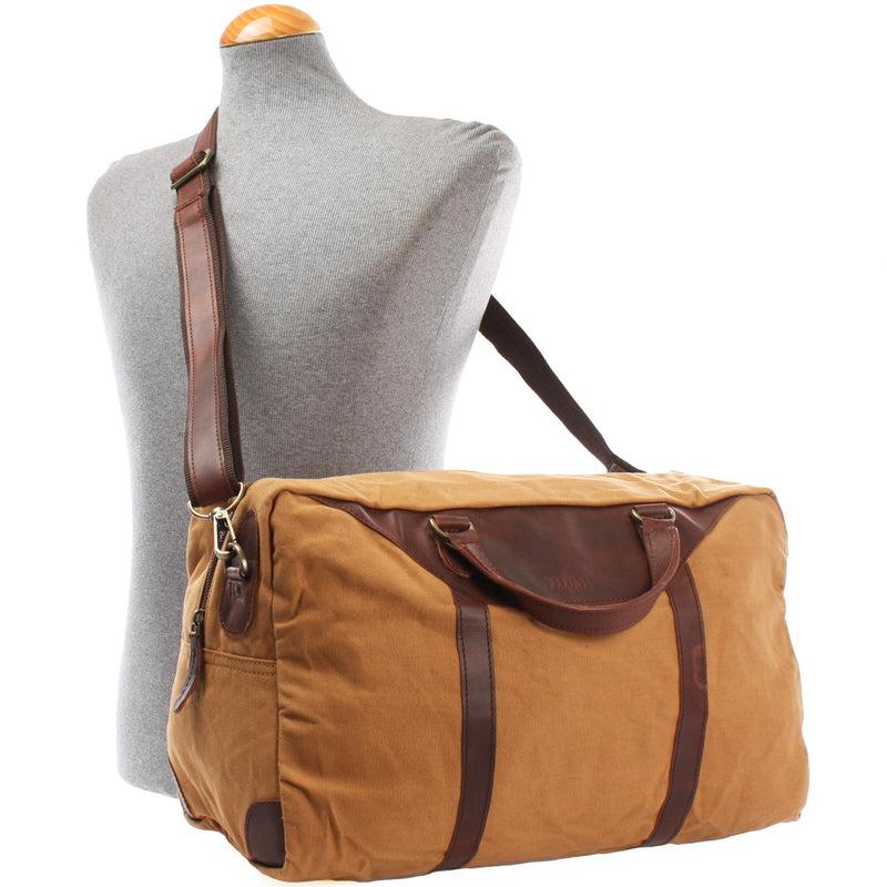 Leconi kleiner Weekender Sporttasche Canvas Leder cognac LE2009 Fabrikpreis