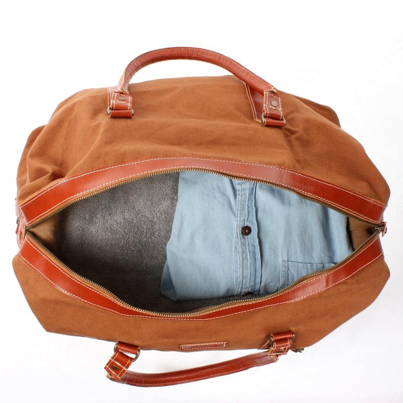 Leconi Reisetasche Weekender Handgepäck Leder Canvas cognac LE2010 Sonderangebot